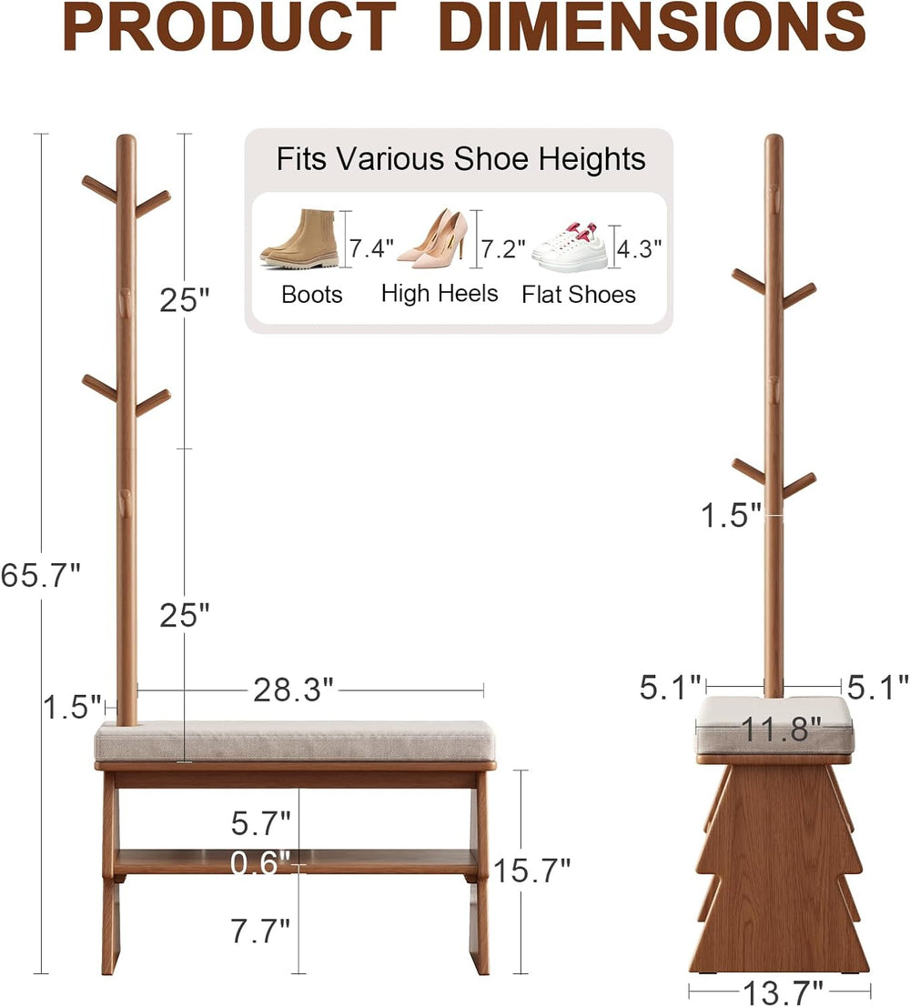 Coat Rack with Shoe Storage, Shoe Rack with 8 Hook, Walnut