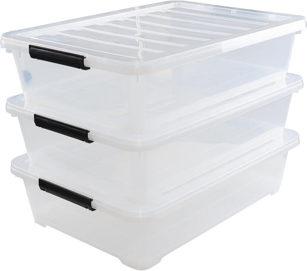 40 Quart Large Flat Clear Plastic Underbed Storage Bin, 3 Packs