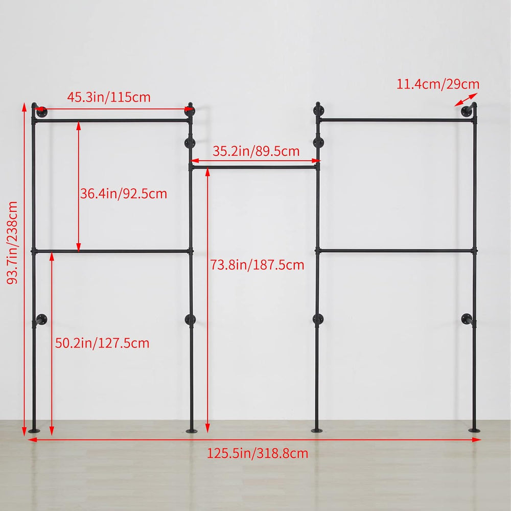 Industrial Pipe Clothes Rack, Heavy Duty Detachable Wall Mounted Black Iron G...