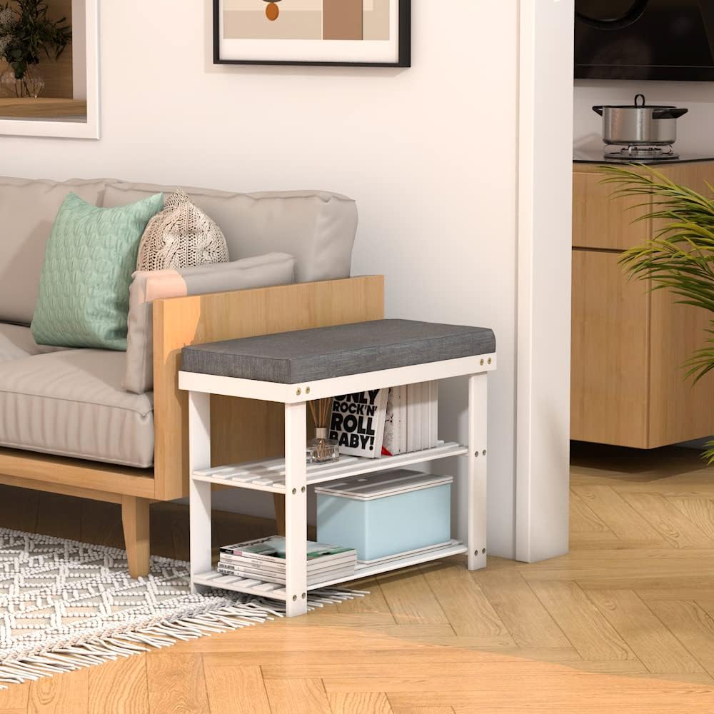 Domax Bamboo Shoe Bench with Cushion, 3-Tier Shoe Rack Organizer, White