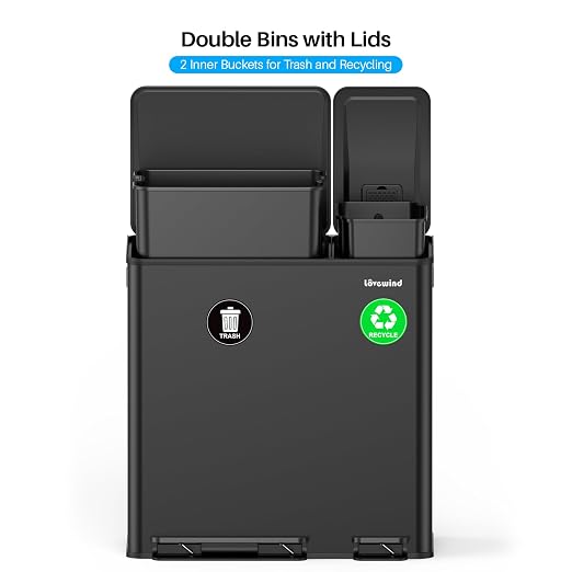 Dual Trash and Recycling Bins for Kitchen, 13.2 + 5.2 Gal Stainless Steel Trash - Image 8