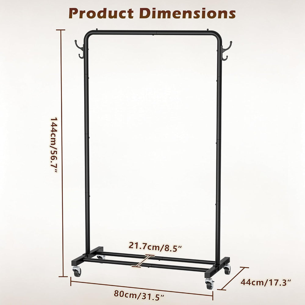 HOMIDEC Clothes Rail, 4 Side Hooks, Storage Shelf and Wheels, Metal, Black