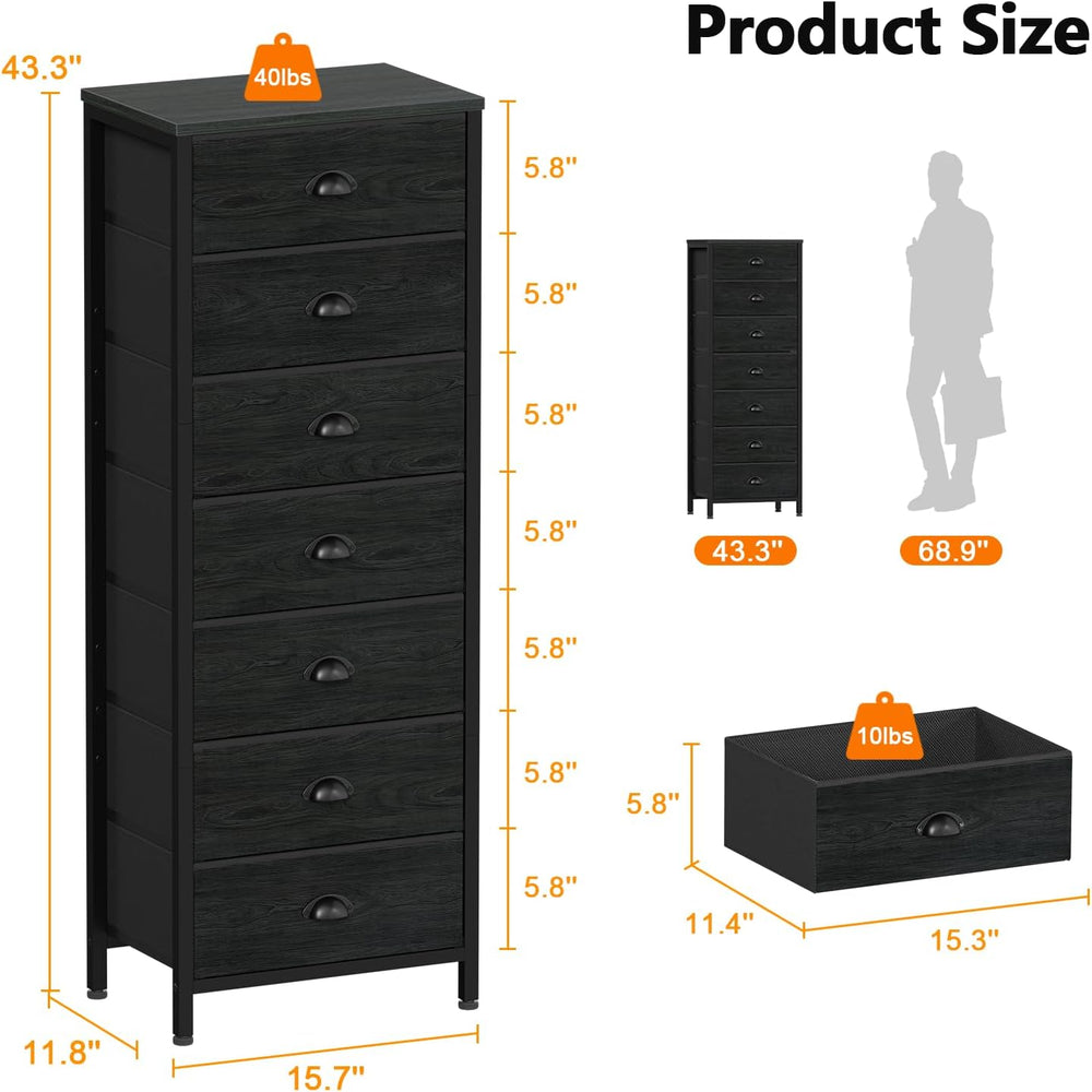 Furnulem Black Bedroom Dresser, Tall Chests of Drawers with 7 Fabric Bins