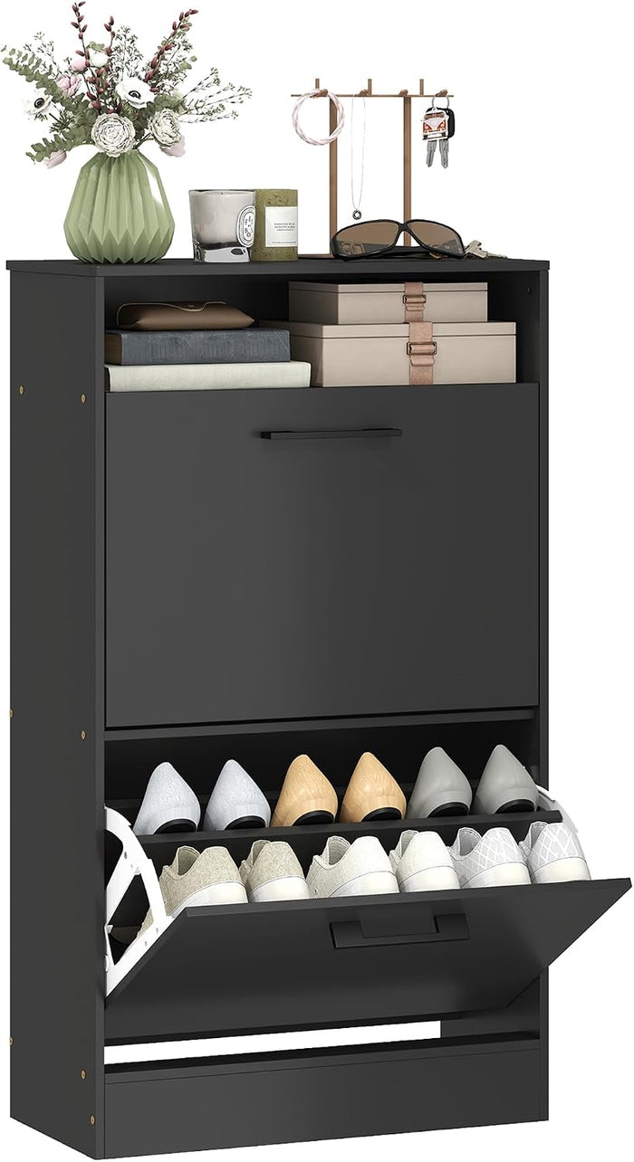 HOMCOM Shoe Cabinet with 2 Flip Drawers, Open Shelf, up to 12 Pairs, Black