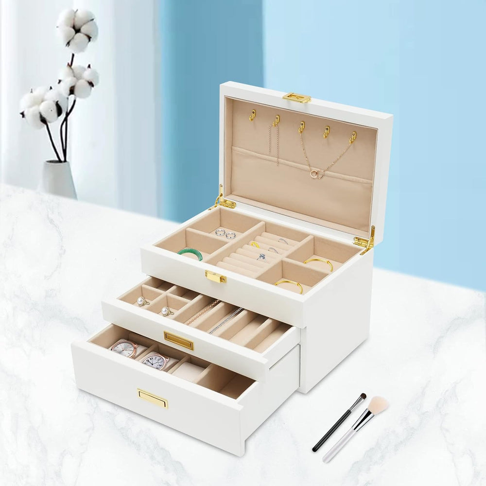 3 Layers Jewelry Storage Box with 2 Drawers, Large Wooden Jewelry Box for Wom...