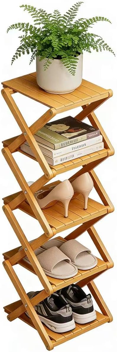 Bamboo Shoe Rack - No Assembly Required, Tall Narrow Foldable Shoe Organizer,...