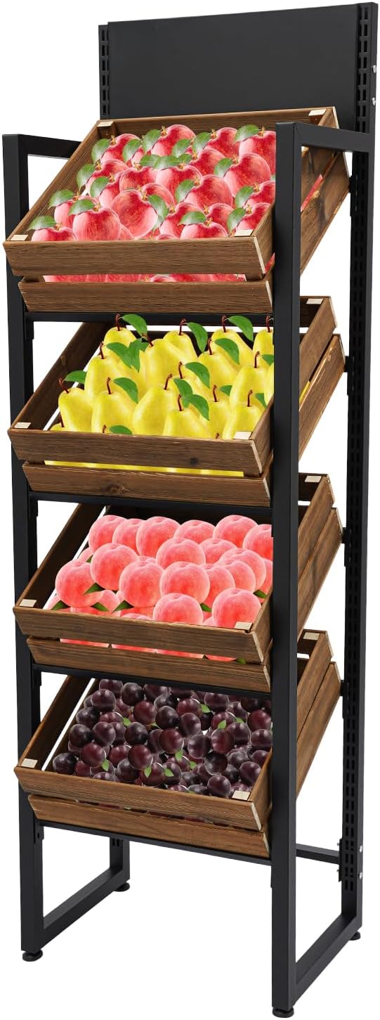 4-Tier Wood Fruit Vegetable Storage Basket Stand, Market Retail Display Rack Versatile Utility Shelf Rack Tiered Storage Shelves for Stores Supremarket Kitchen