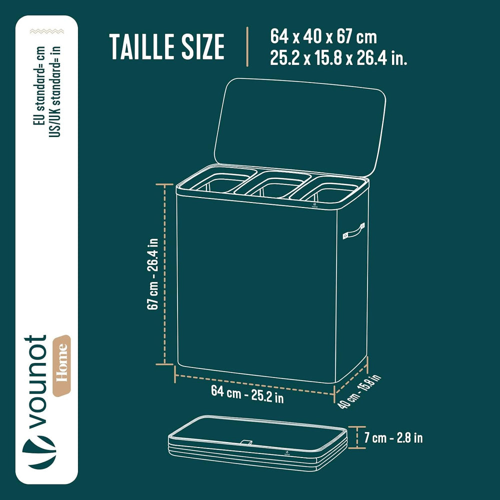 VOUNOT® 170L Laundry Basket with Lid, Rectangular 3 Compartment Laundry Hampe...
