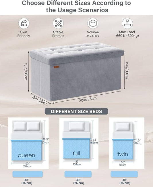 Folding Storage Ottoman, Velvet Storage Bench, Removable Divider, - Image 2