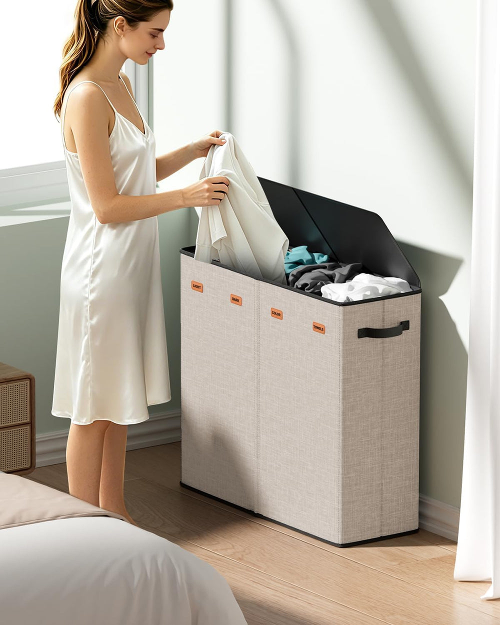 185L Laundry Hamper 4 Section with Lid & Removable Bags