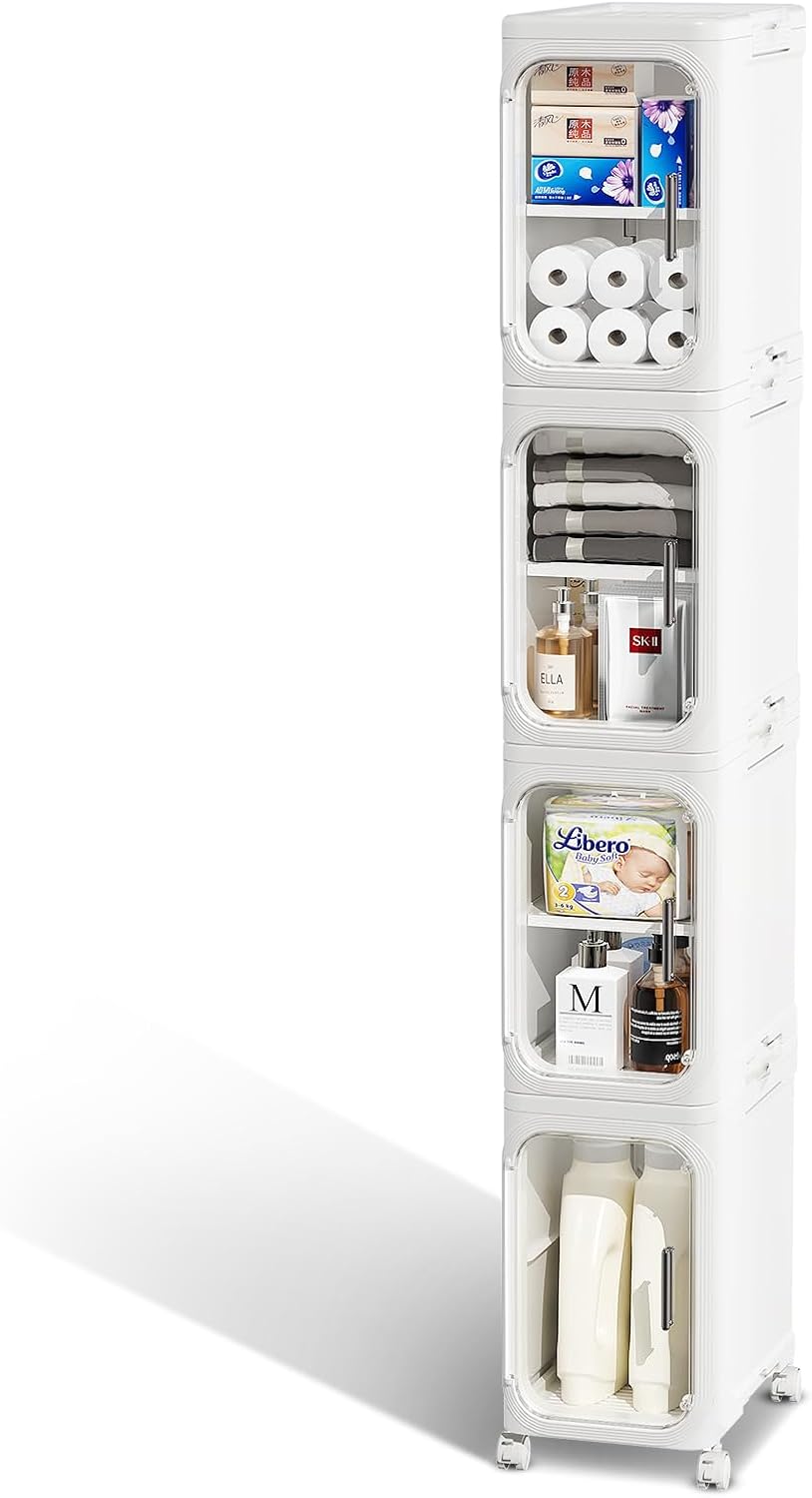 JOYZAN Narrow Bathroom Storage Cabinet with Movable Wheels, Slim Storage Cabi...