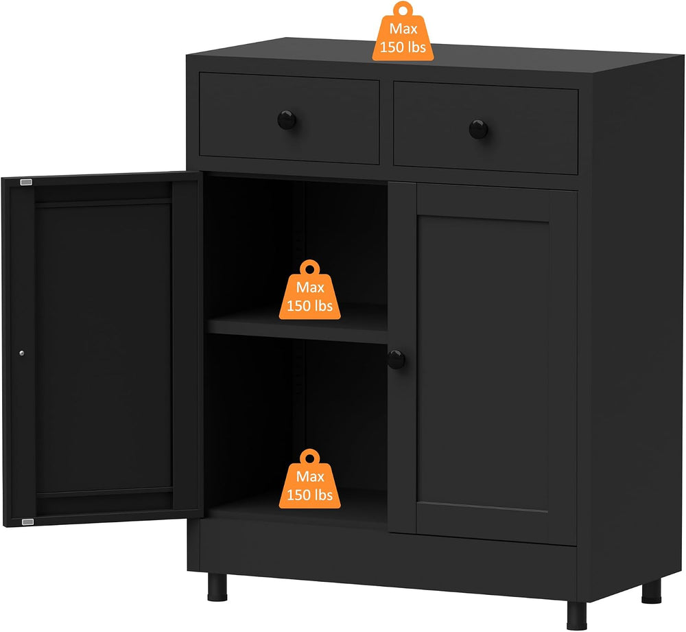 Metal Storage Cabinet with 2 Drawers and Adjustable Shelf, Sideboard Buffet C...
