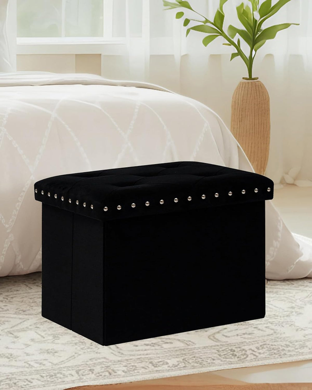 B FSOBEIIALEO Storage Ottoman Cube, 16.5" Velvet Folding Ottoman, Black