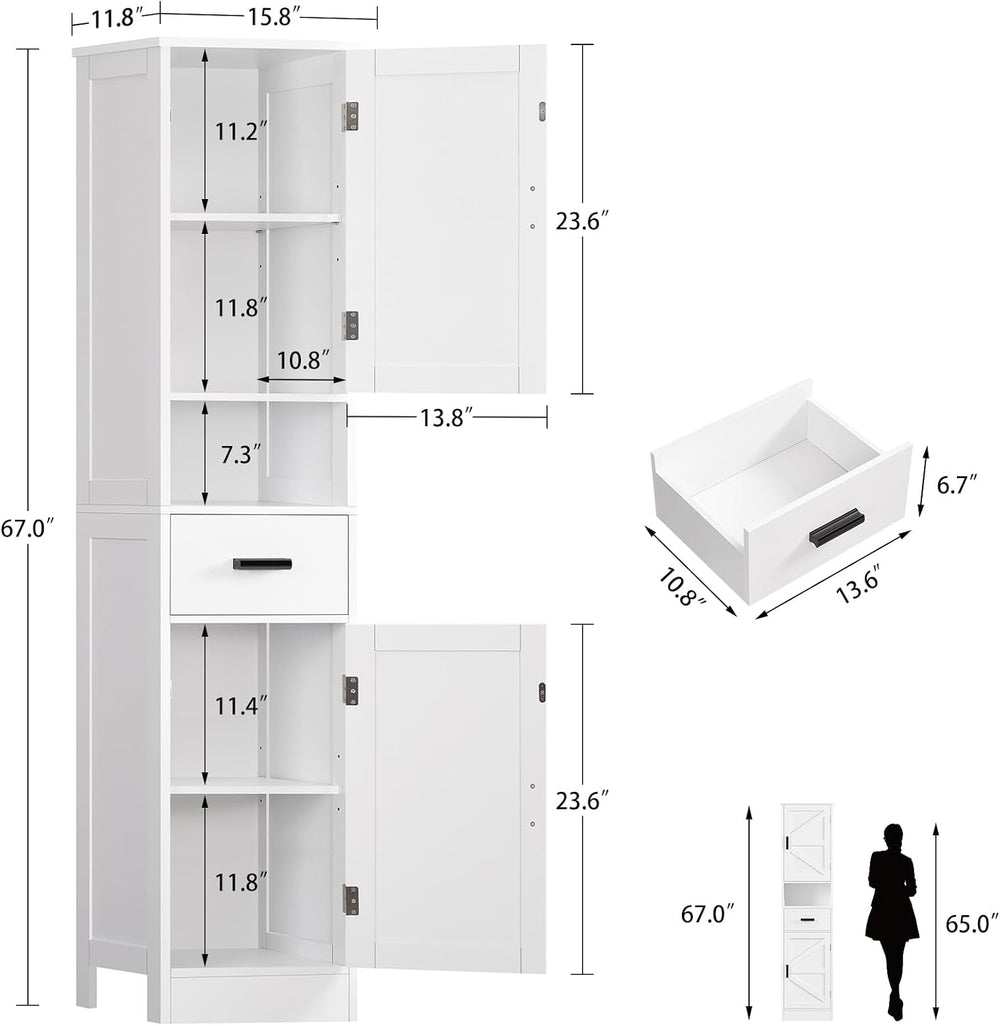 TEENFON 67" H Tall Bathroom Storage Cabinet with Barn Doors and Drawer
