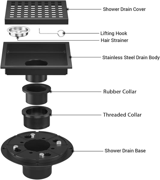 6 Inch Shower Drain Matte Black, Square Bathroom Floor Drain, Stainless Steel - Image 2