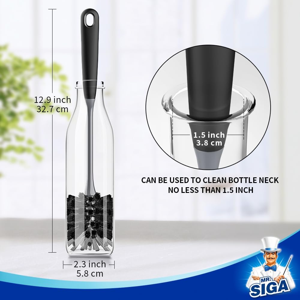 MR.SIGA Long Handle Bottle Brush, Flexible Scrub Brush for Water Bottles, Glasswares, Mugs, Black, 2 Pack