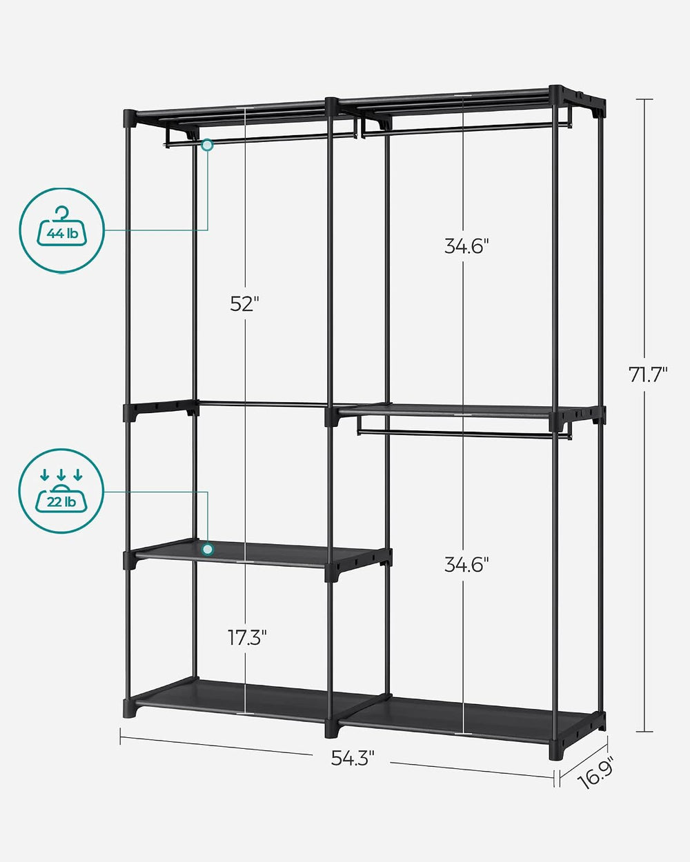 SONGMICS Portable Closet, Storage Organizer, 54.3 x 16.9 x 71.7 Inches