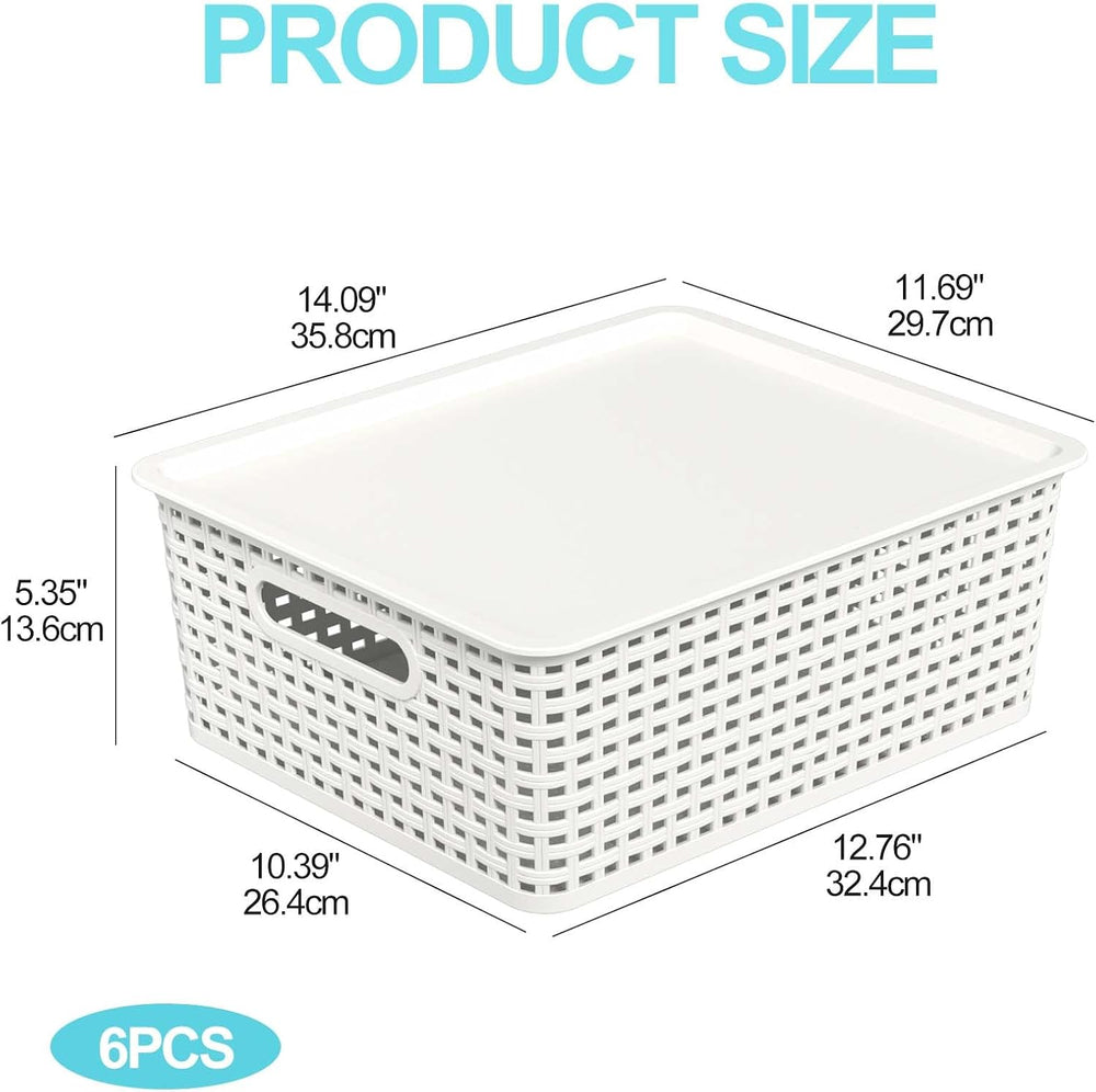 Plastic Storage Baskets with Lid, 6-Pack Organizer Bins, White