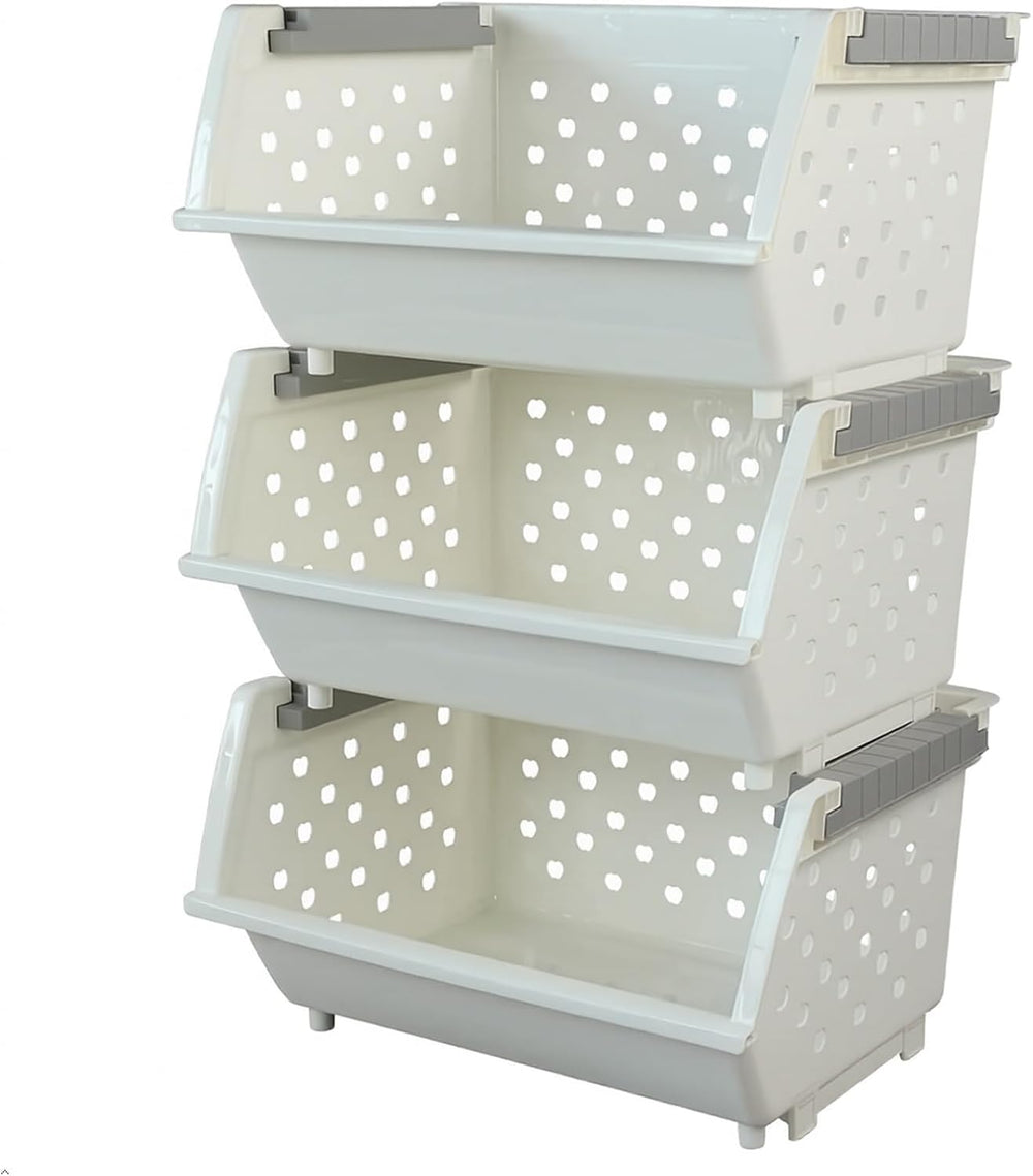 3-Pack White Plastic Kitchen Stackable Storage Baskets