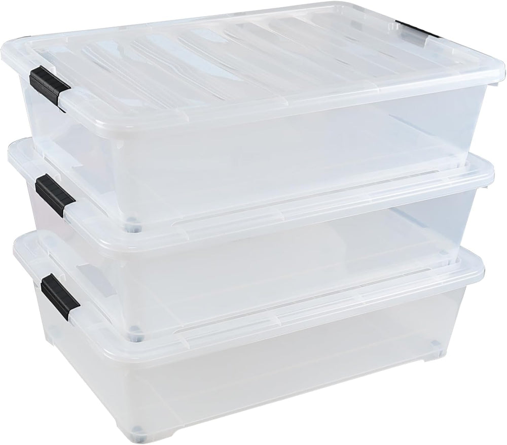 Gloreen 3 Pack Large Under Bed Storage Boxes with Wheels, 50 Quart, Clear
