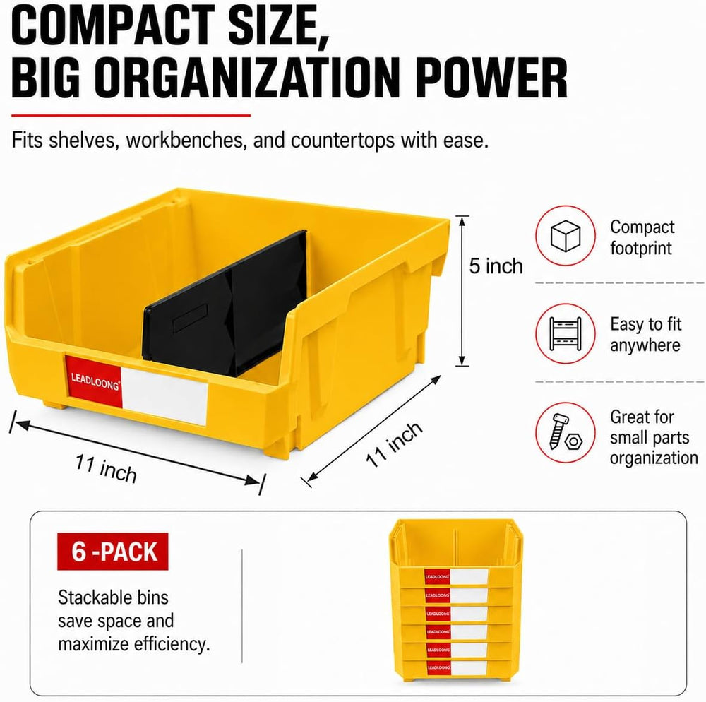 6 Pack Stackable Storage Bins Heavy Duty Parts Organizer Yellow