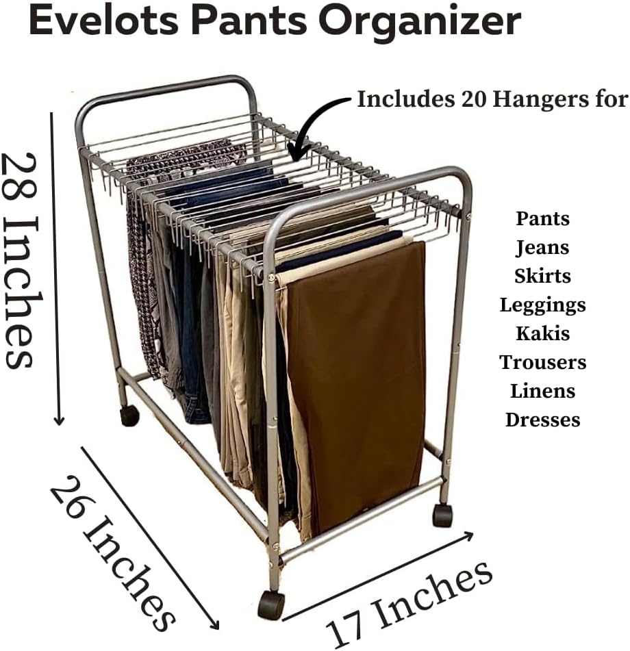Evelots Rolling Pants Rack with 20 Hangers, Jean and Skirt Closet Organizer