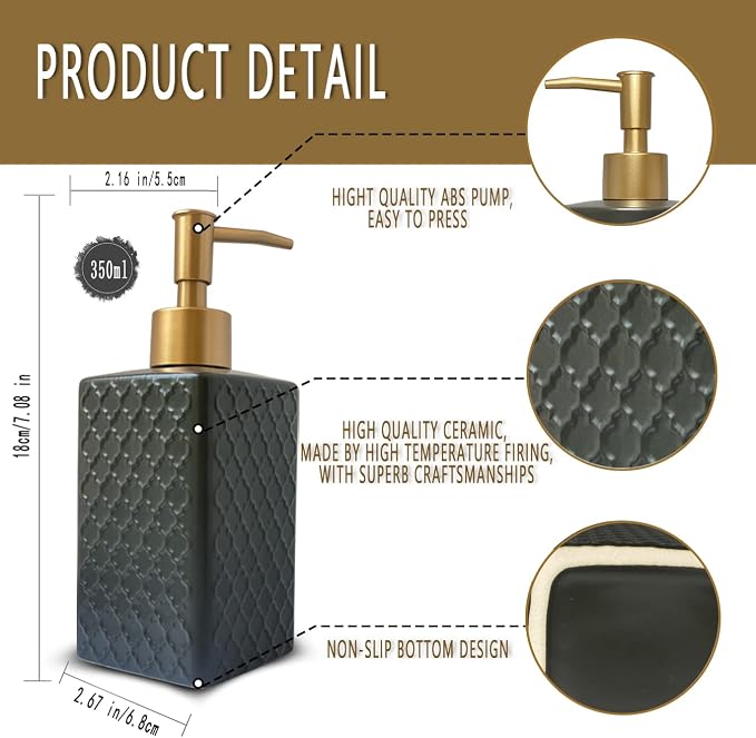Gold Soap Dispenser for Bathroom, Retro Black Square Lotion Dispenser, - Image 6