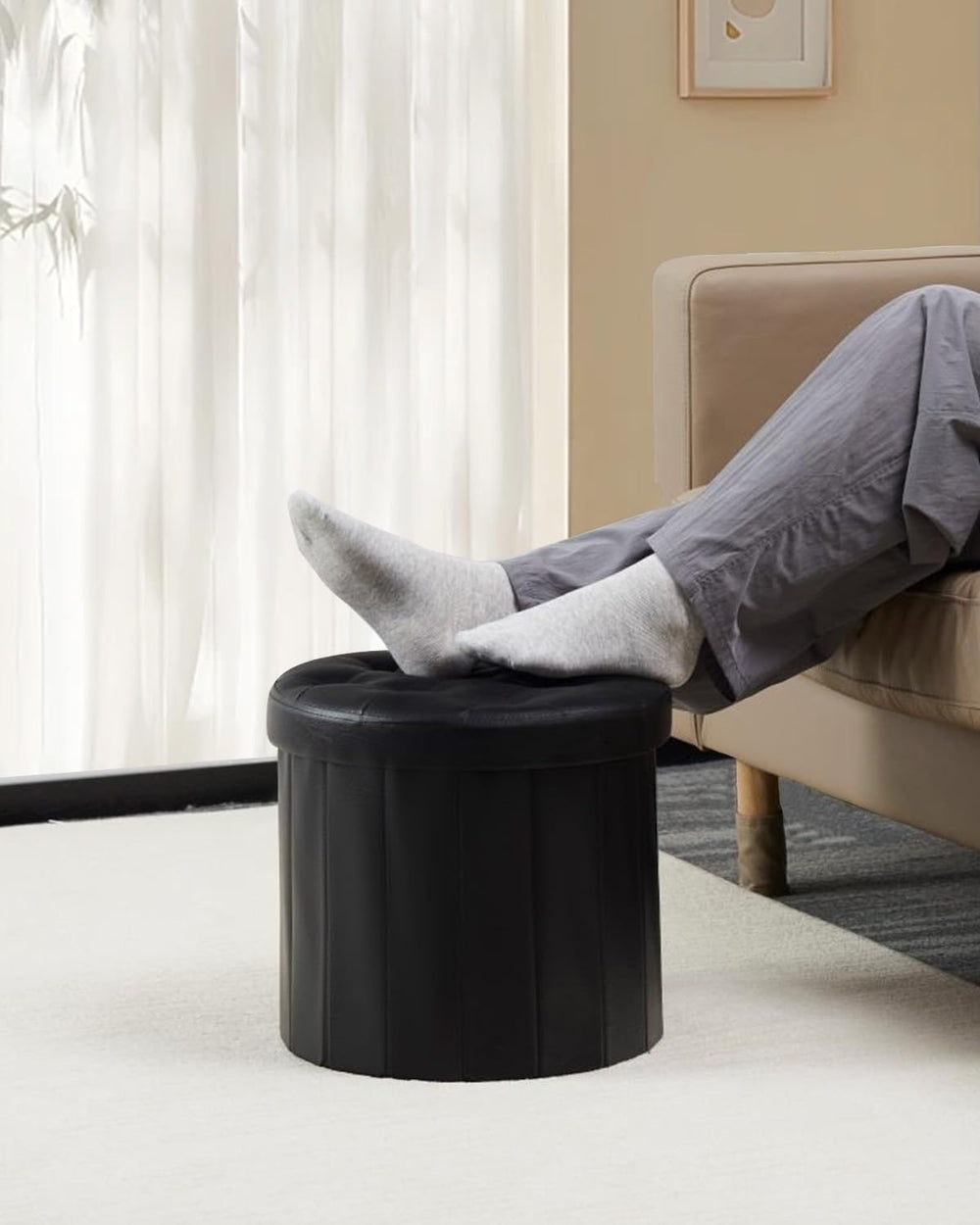Bsketa Round Storage Ottoman, 14" Folding Leather Foot Rest, Black 2 Pack