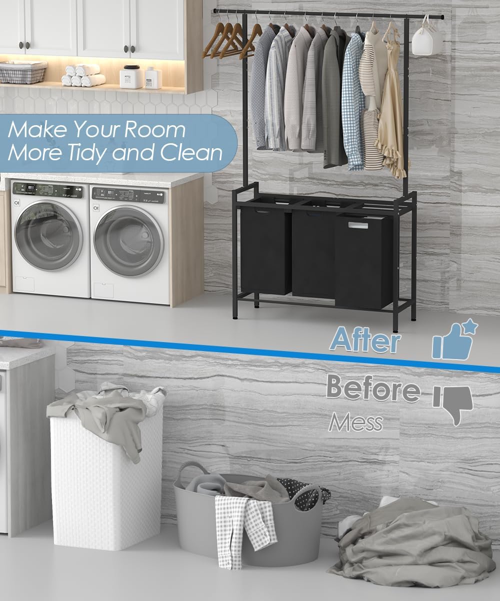 Large Laundry Hamper with Clothes Rack Hanging Bar, 10 x 3 Gal Pull-Out &...