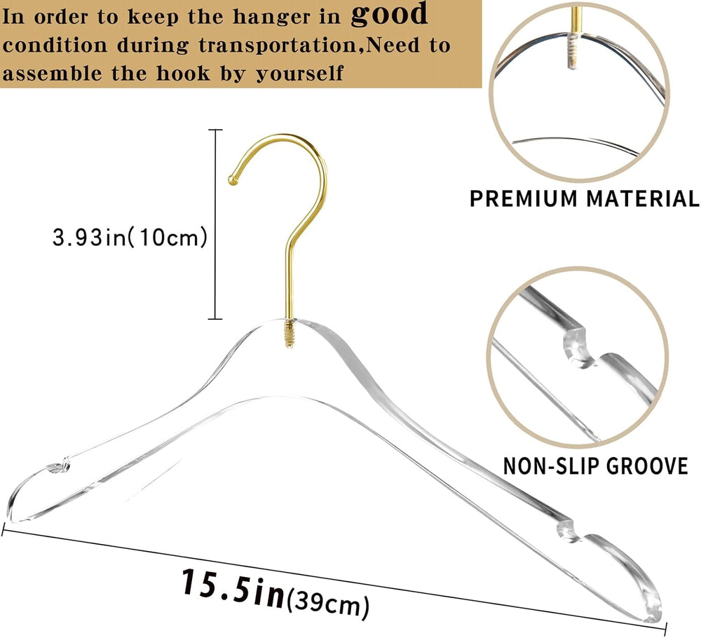 Besser 15 Pack Acrylic Hangers with Gold,Acrylic Clear Hanger,Premium Crystal...