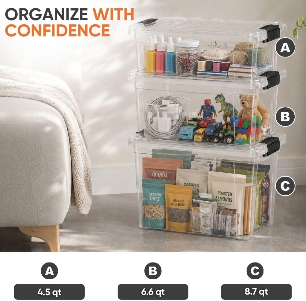 Superio 4.5 Quart Clear Plastic Storage Containers with Lids, Stackable Organ...