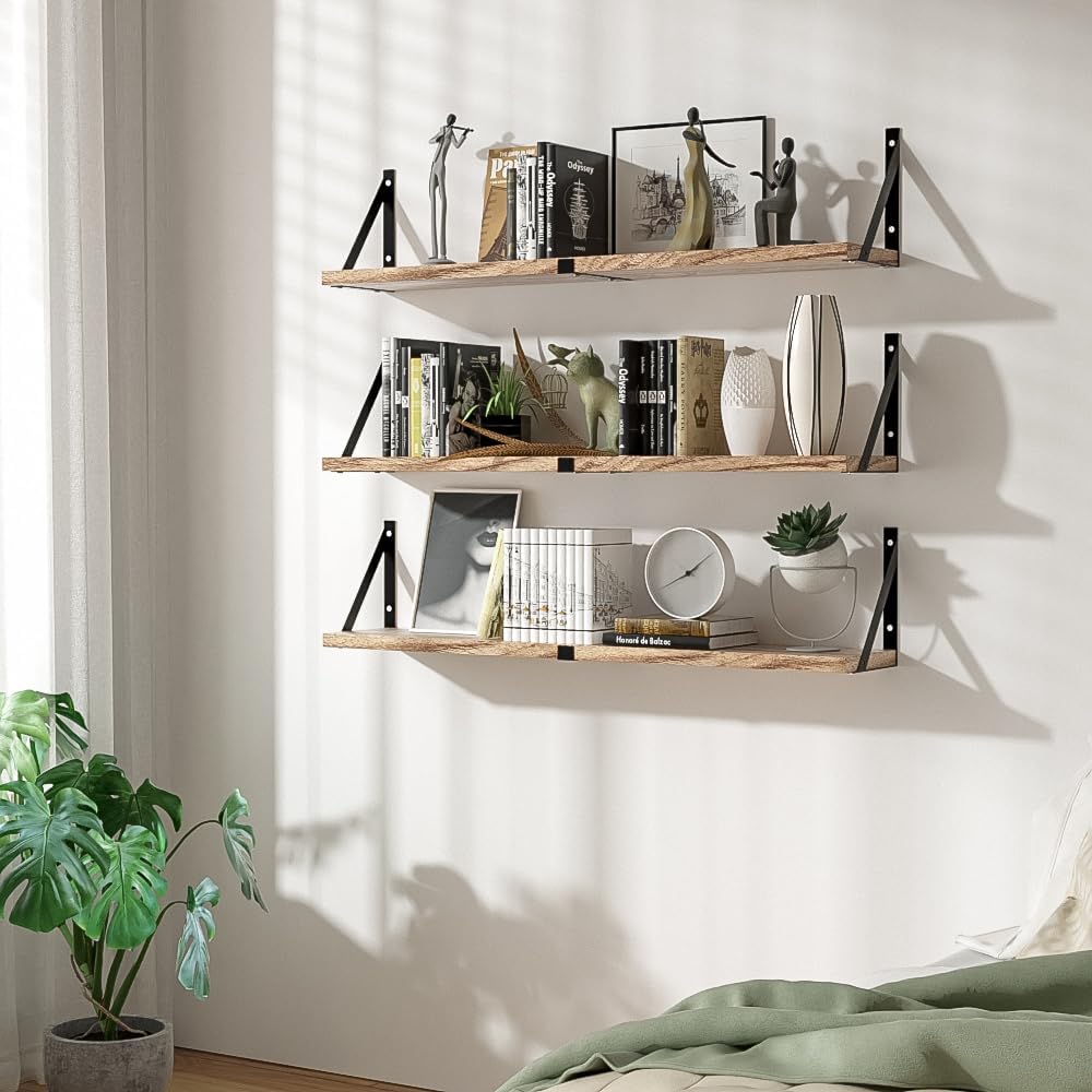 Floating Book Shelves Set of 3, Wall Bookshelf, 33 inch Long Wood Shelf for W...