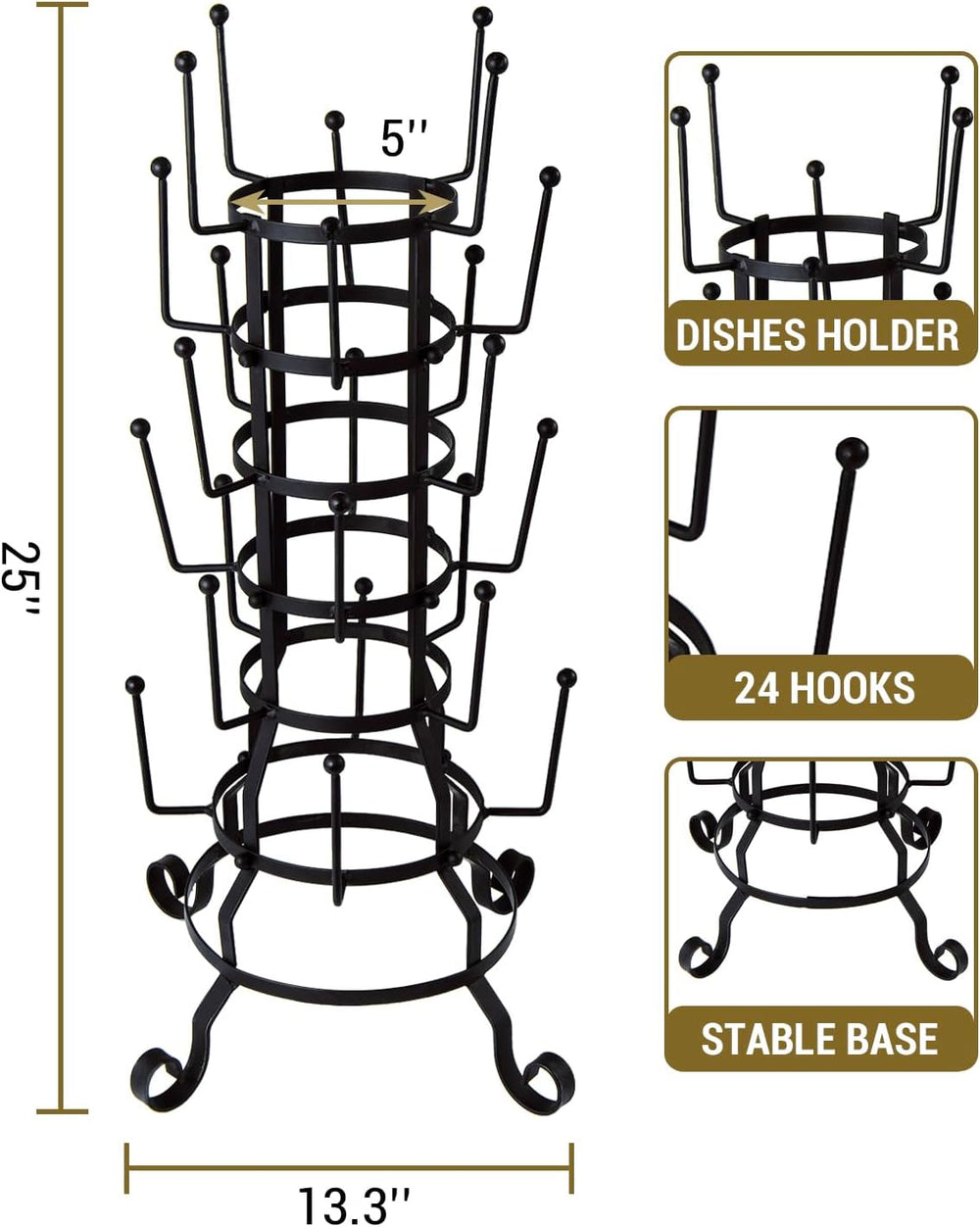 MyGift 24 Hook Rustic Mug Tree Holder for Coffee Cups & Glasses Rack