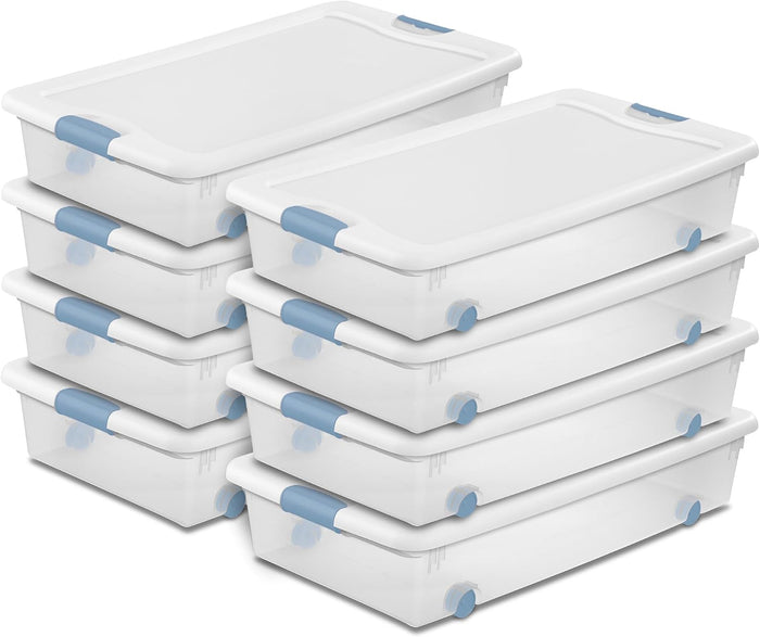 Sterilite 8-Pack Wheeled Latching Box, Plastic Under Bed Storage Bins with Lids, 56 Quart - Large Clear Stackable Tote Organizer Containers for Closet, Bedroom, Bathroom, and Office Organization