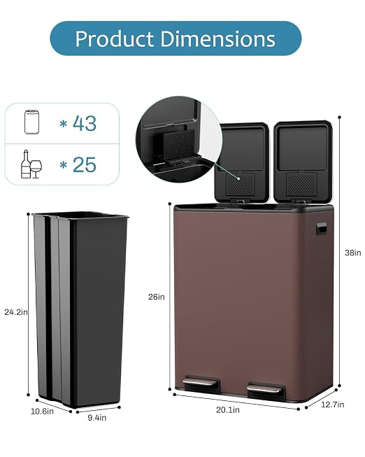 16 Gal Dual Trash Can, Stainless Steel Kitchen Garbage Bin, Recycle Dustbin - Image 2