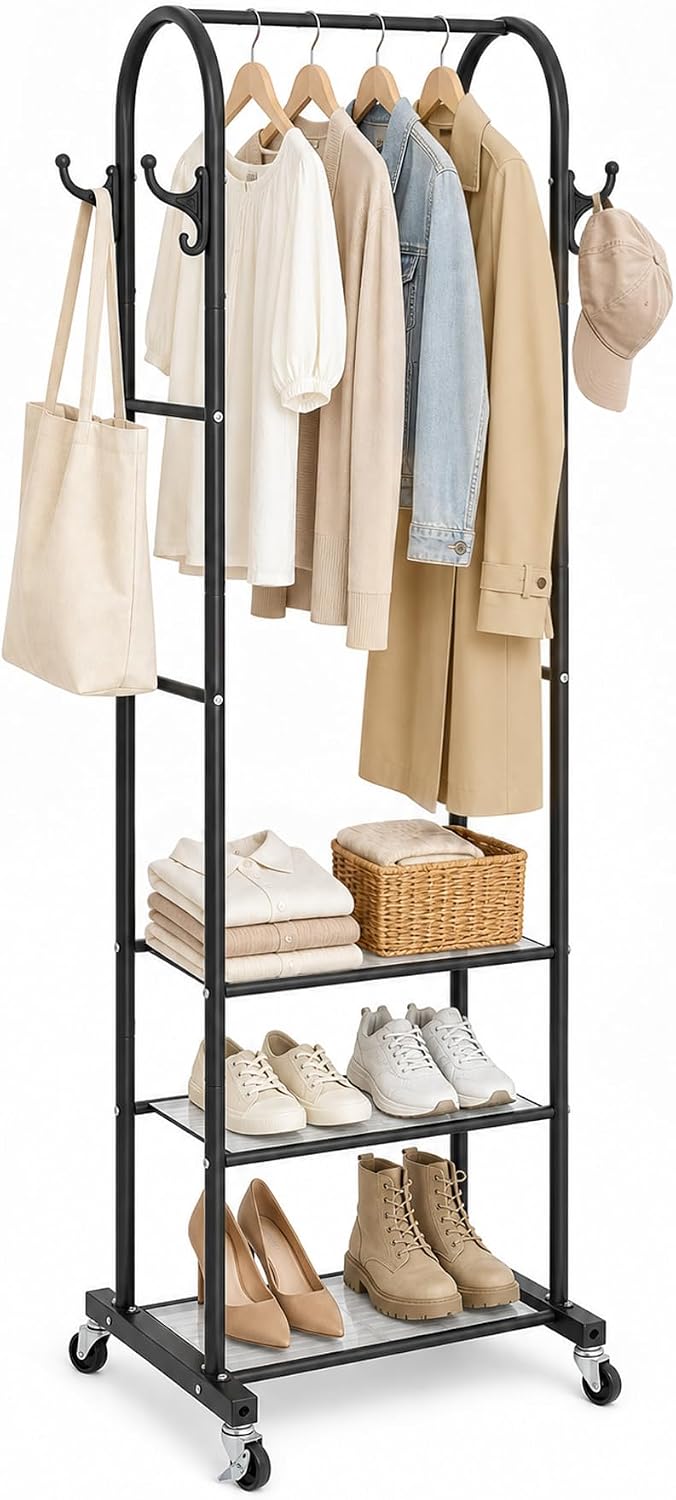 Cesun Small Clothes Rack with 3-Tier Mesh Shelves & 8 Hooks, Black