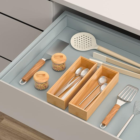 Silverware Tray for Drawer, Stackable Kitchen Bamboo Drawer Organizer 9" x 3" x - Image 2