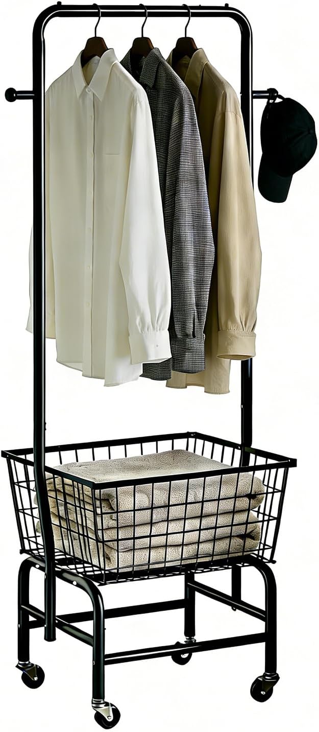 Rolling Laundry Cart with Hanging Rack Metal Laundry Basket with Wheels Laund...