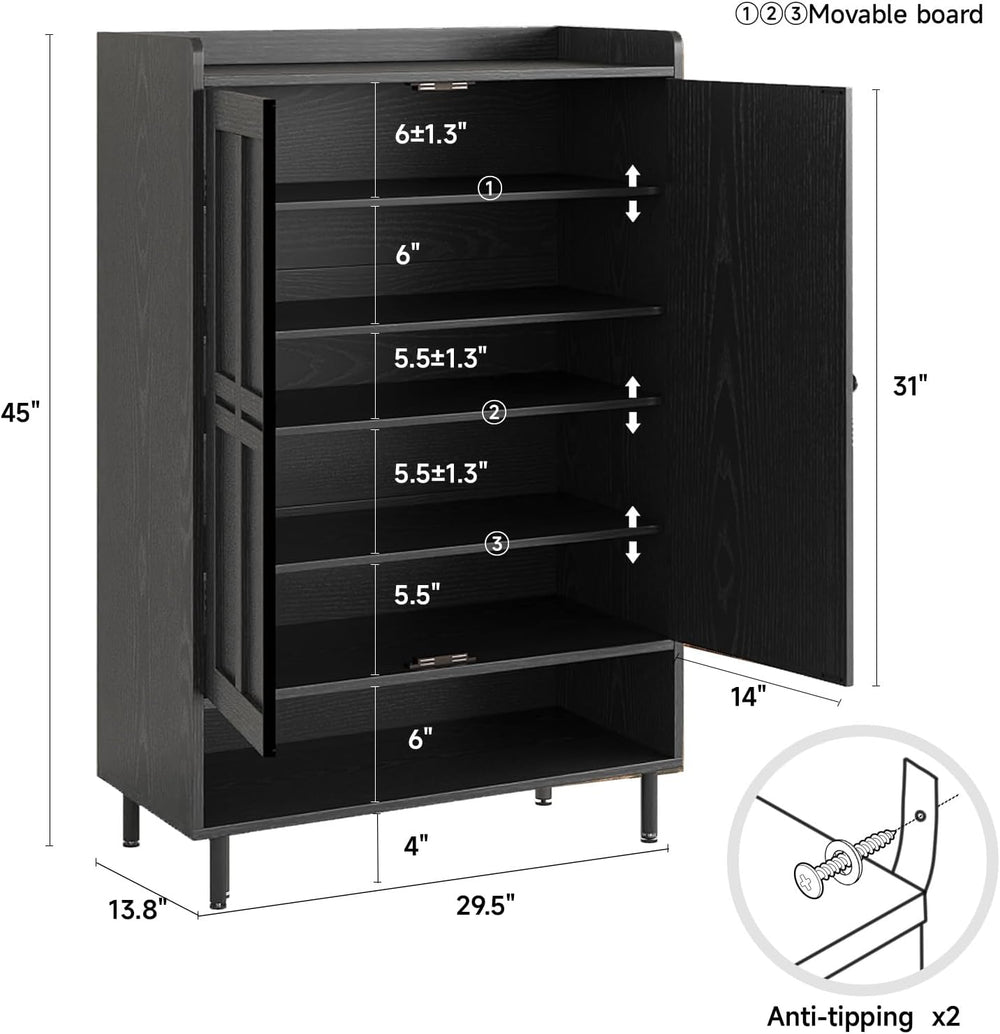 ComfyCorner Shoe Cabinet with Cross Molding Doors, 6-Tier Storage, Black