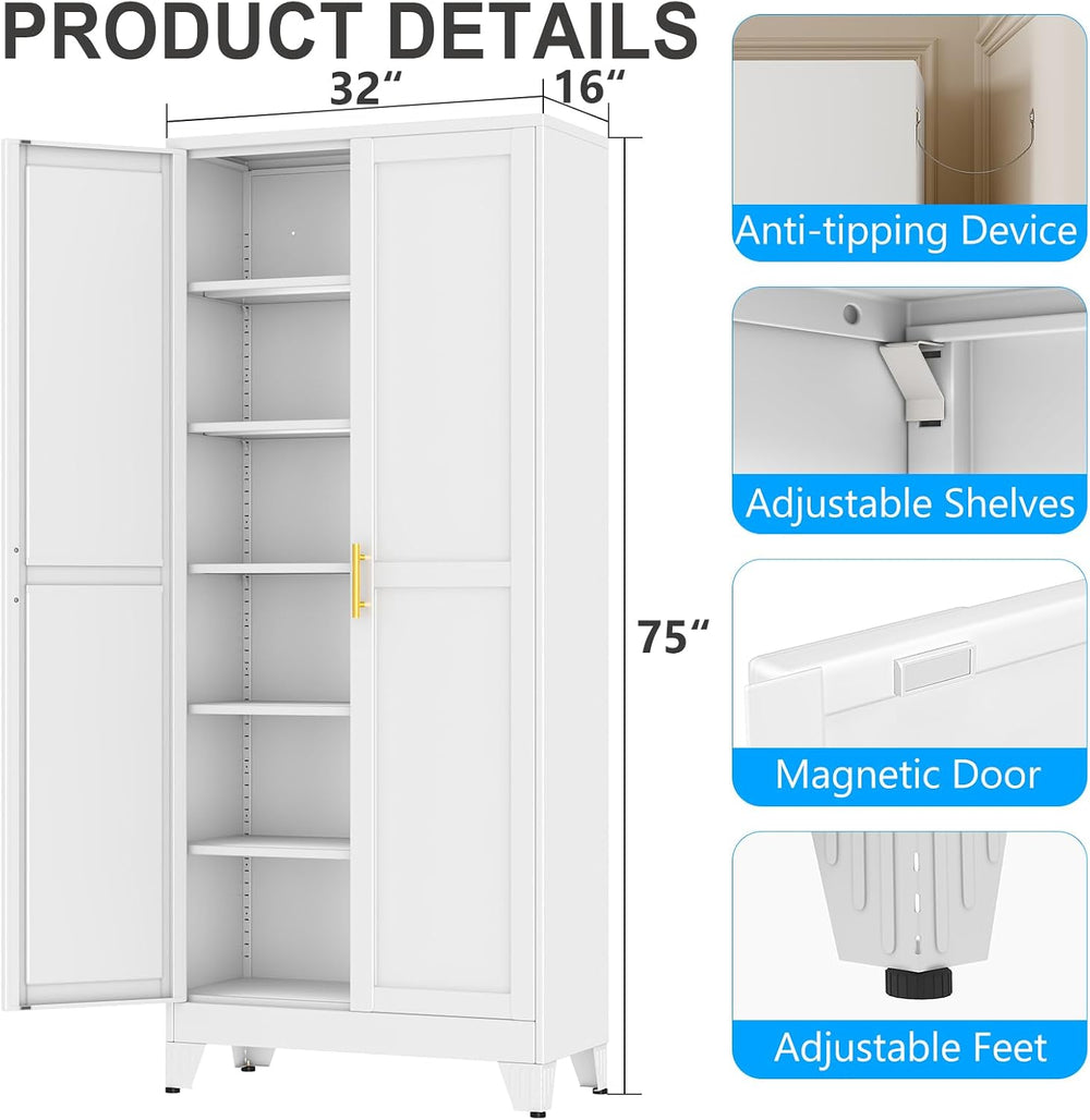 pozdeg 75" White Heavy Duty Metal Garage Storage Cabinet