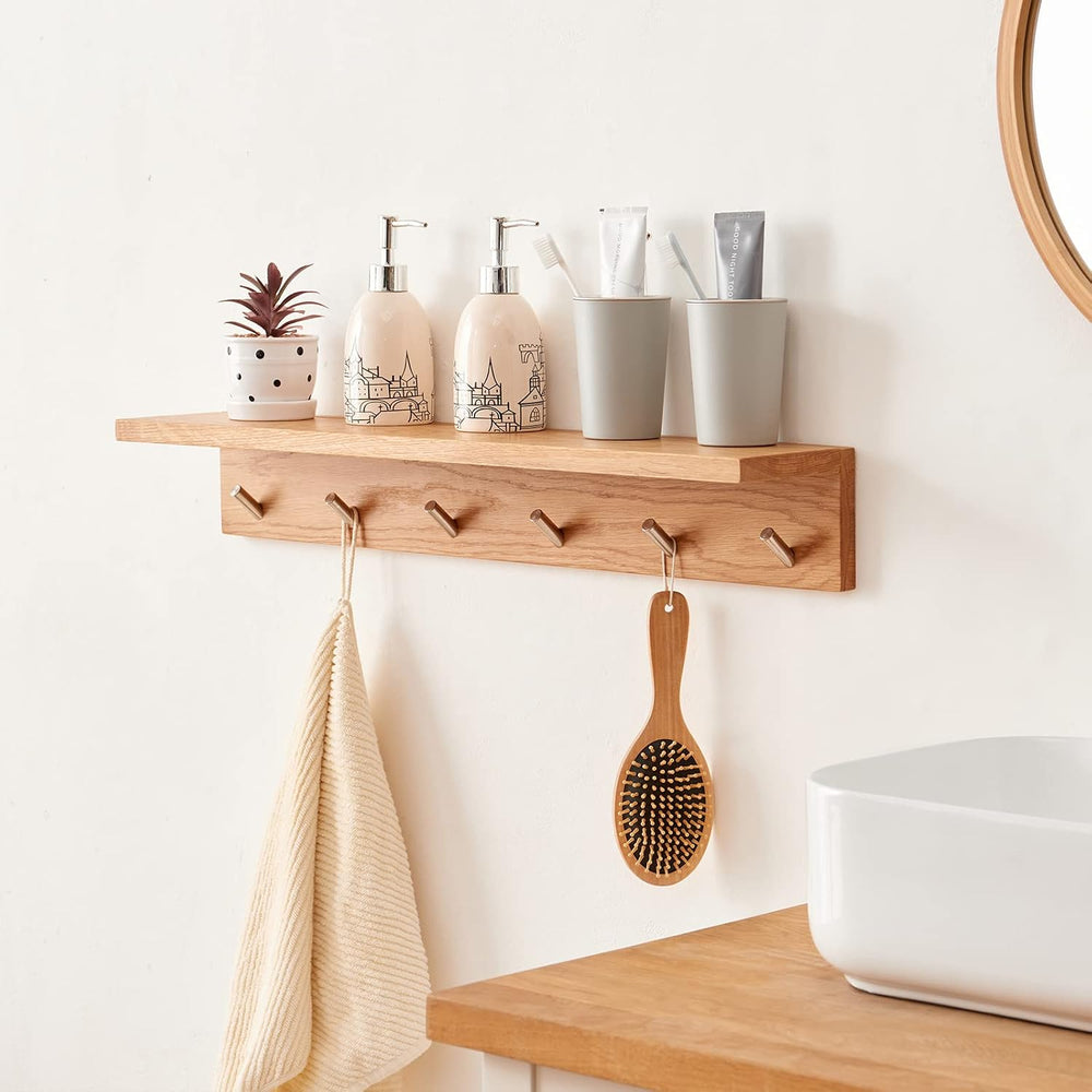 Coat Rack Shelf Wall Mounted Oak Wood Entryway Shelf with 5 Hooks Wall Coat H...