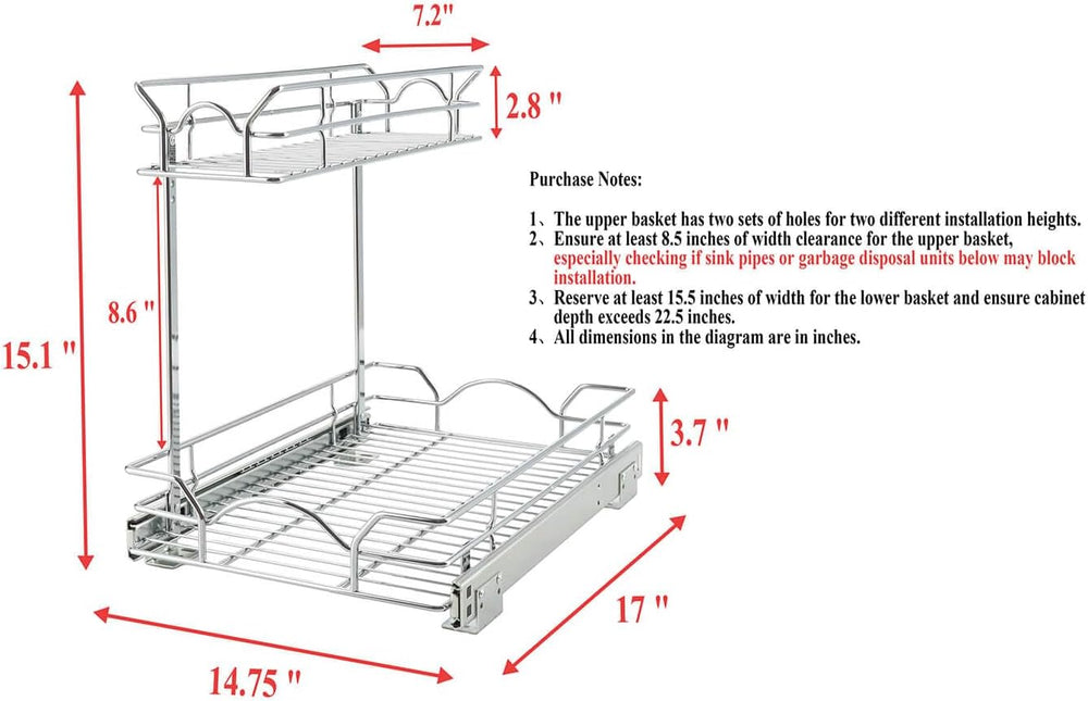 OCG Under Sink Cabinet Organizer Two Tier Pull Out Shelf (14.75W x 21D), Unde...