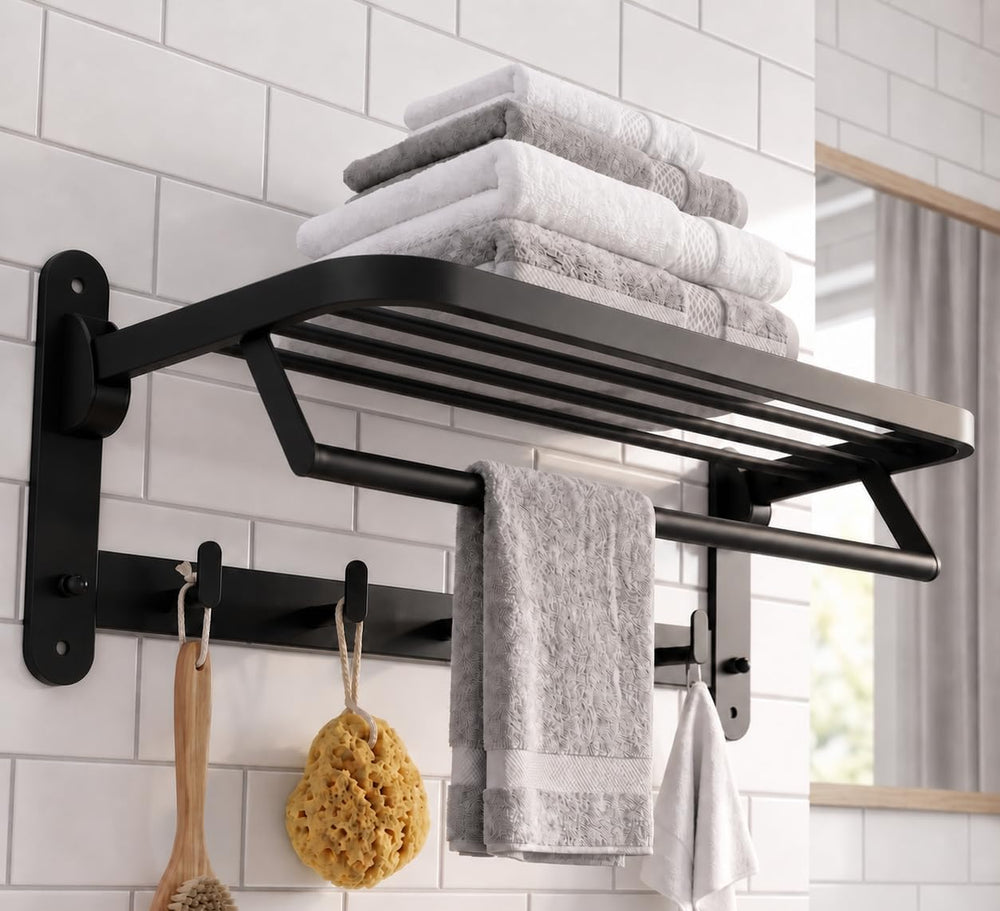 ROSHAN 24 Inch Foldable Towel Rack with Shelf, Wall Mounted, Matte Black