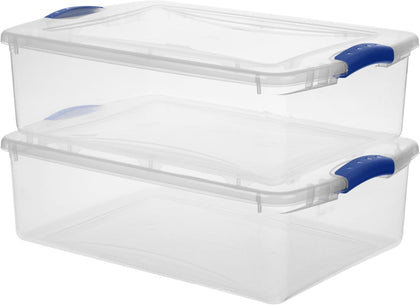 (2 Pack) 32 Quart Clear Plastic Storage Bins with Lids and Blue Latches, Stackable Organizer for Underbed, Closet, Bedroom, Dorm and Garage