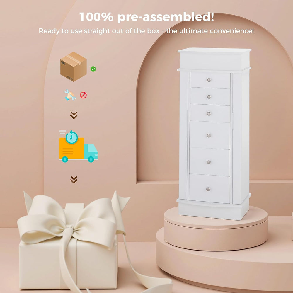 IRONCK Jewelry Cabinet with LED Mirror and 6 Drawers, White