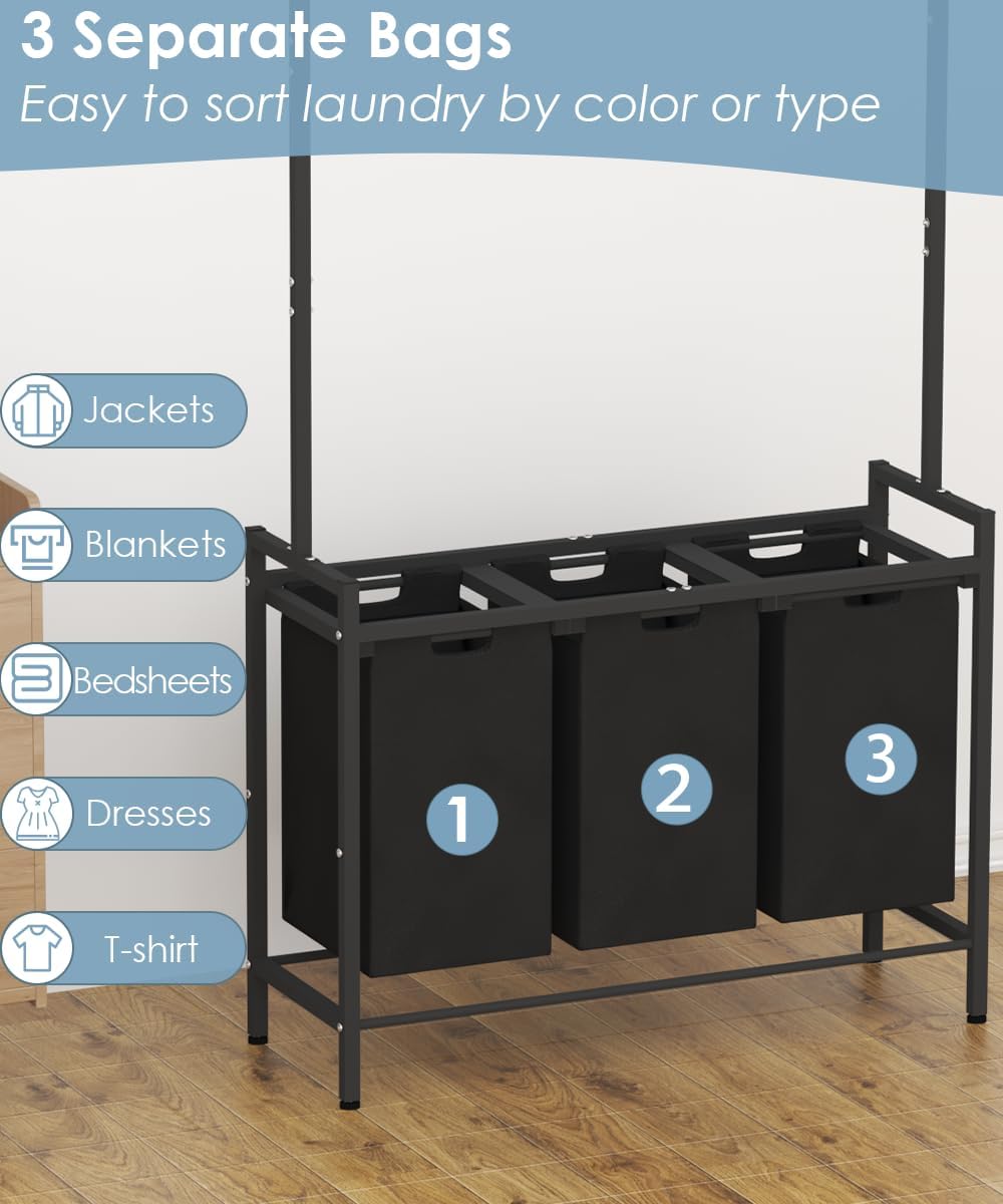 Large Laundry Hamper with Clothes Rack Hanging Bar, 10 x 3 Gal Pull-Out &...