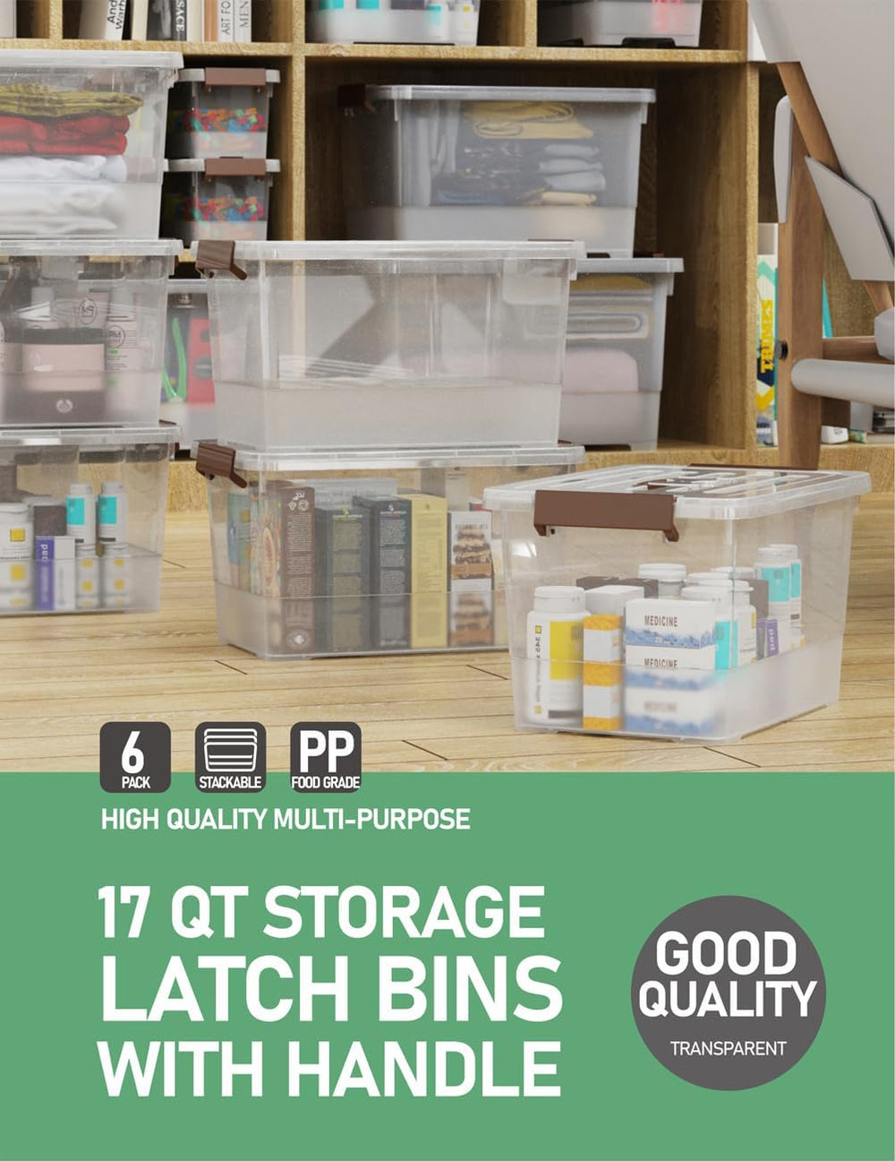 WYT 6 Pack 17qt Clear Plastic Storage Bin with Lid and Latching Buckles, Stac...