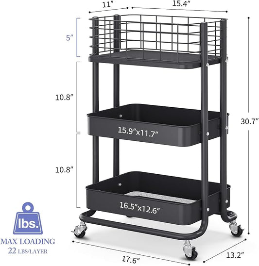 KINGRACK 3 Tier Rolling Cart, Metal Mobile Storage Shelf - Image 2