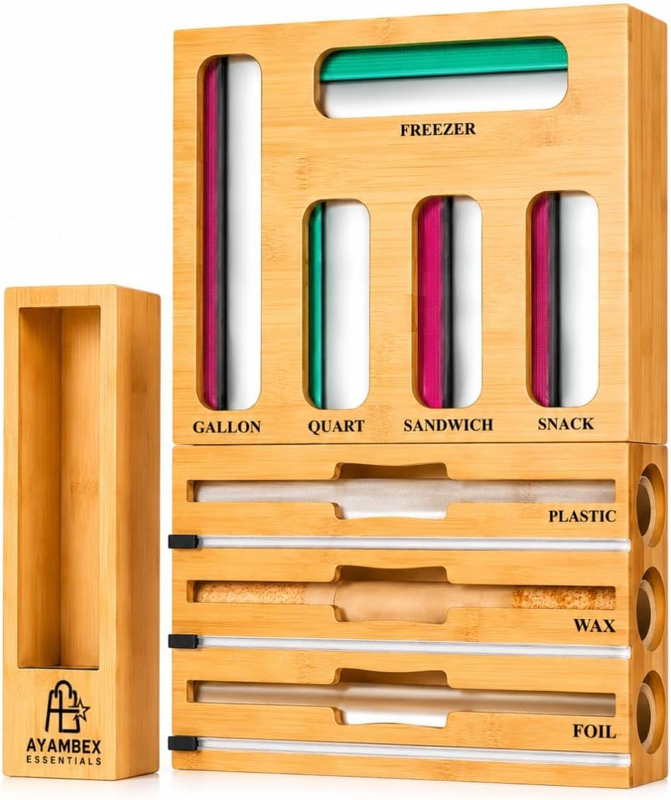 9-in-1 Bamboo Kitchen Drawer Organizer - Storage Bag Holder with Built-In Foi...