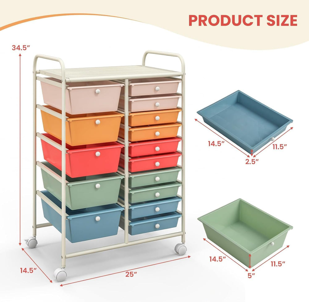 LDAILY 15 Drawer Rolling Storage Cart, Rolling Cart with Drawers for Classroo...